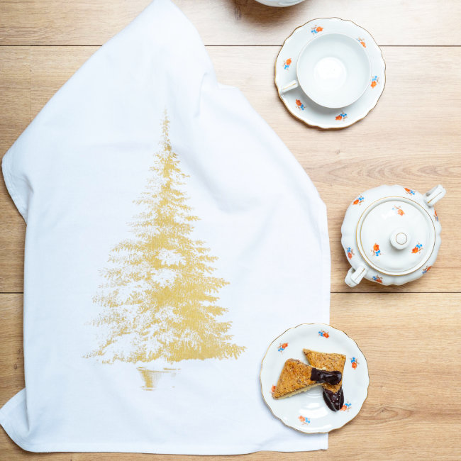 Siebdruck auf weissem Baumwoll Geschirrtuch mit Motiv WEIHNACHTSBAUM