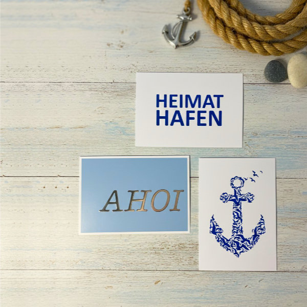 Maritime Postkarten – 3er Set DIN A6 - Ahoi, Heimathafen & Anker